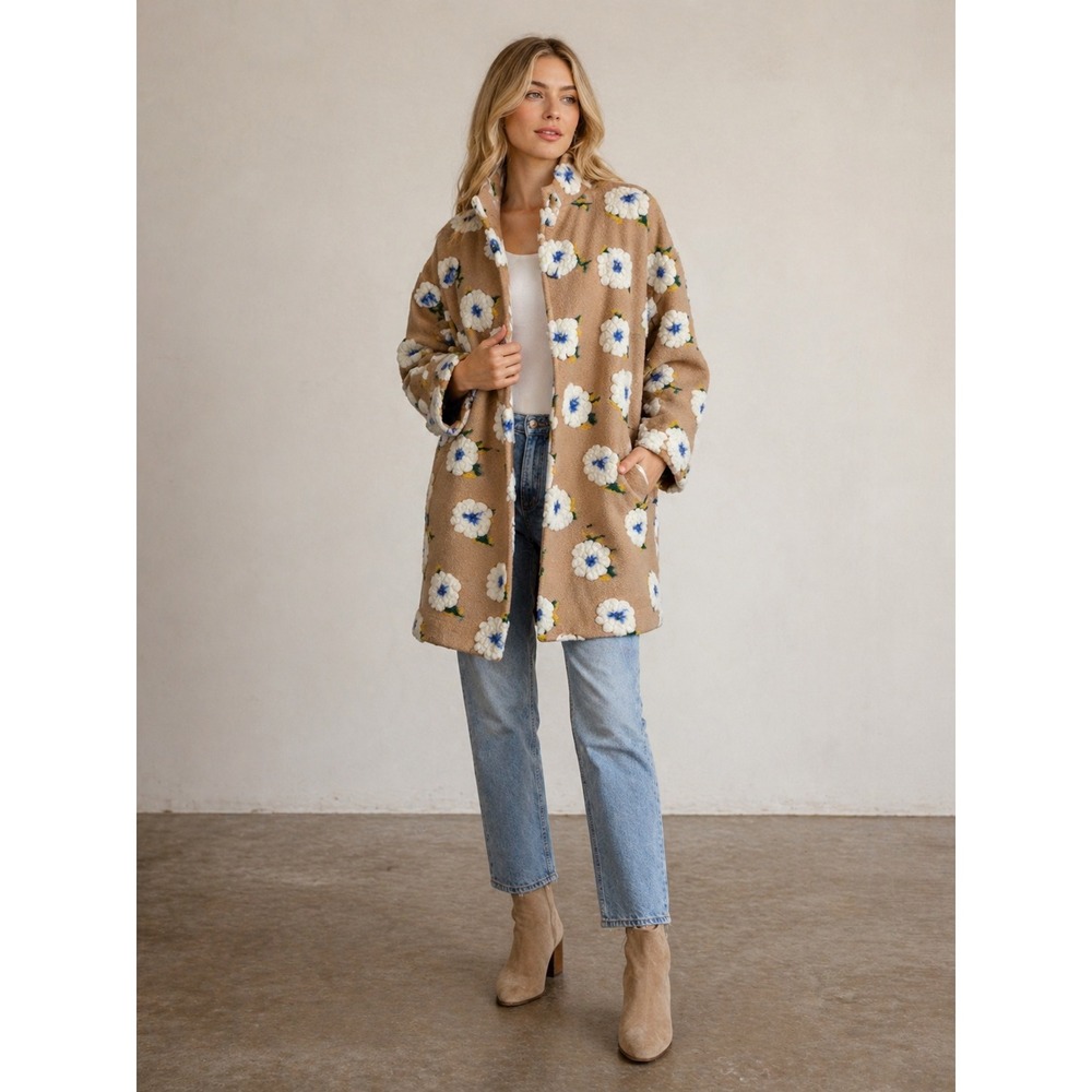 Ivy Jane 3D Flower Coat Women XS Camel Open Front Knit Boho Cottagecore Outdoor